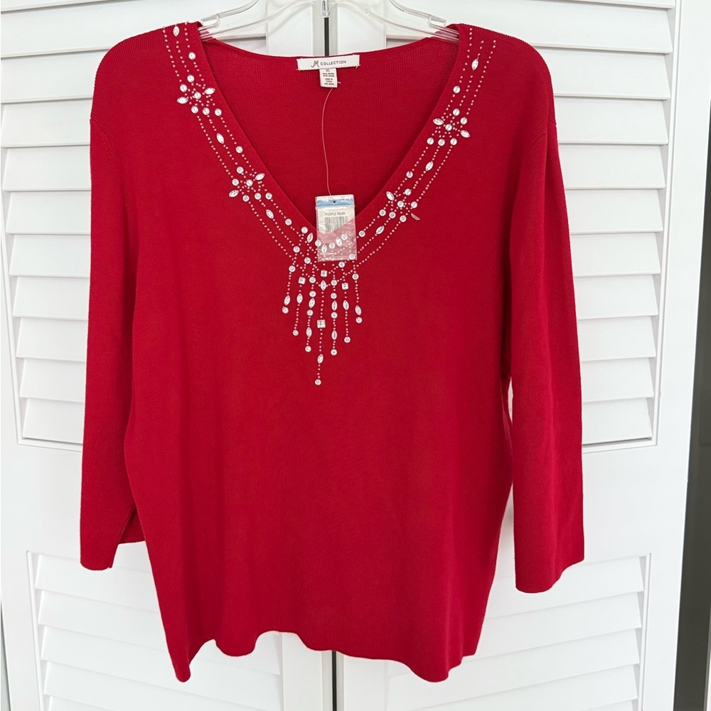 JM Collection Red Embellished V-Neck Sweater XL NWT Holiday Christmas - Picture 2 of 4